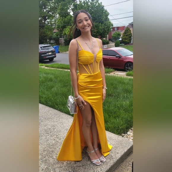 Jolie Strapless Satin Maxi Gown Bundle (Marigold) & Jewelry set - Picture 6 of 8